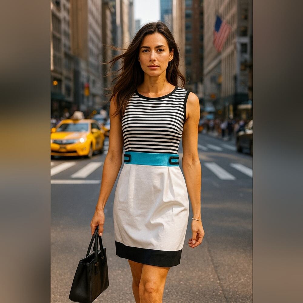 Chetta B. Striped Black & White Dress with Blue Belted Waist. Sz 10 #1562